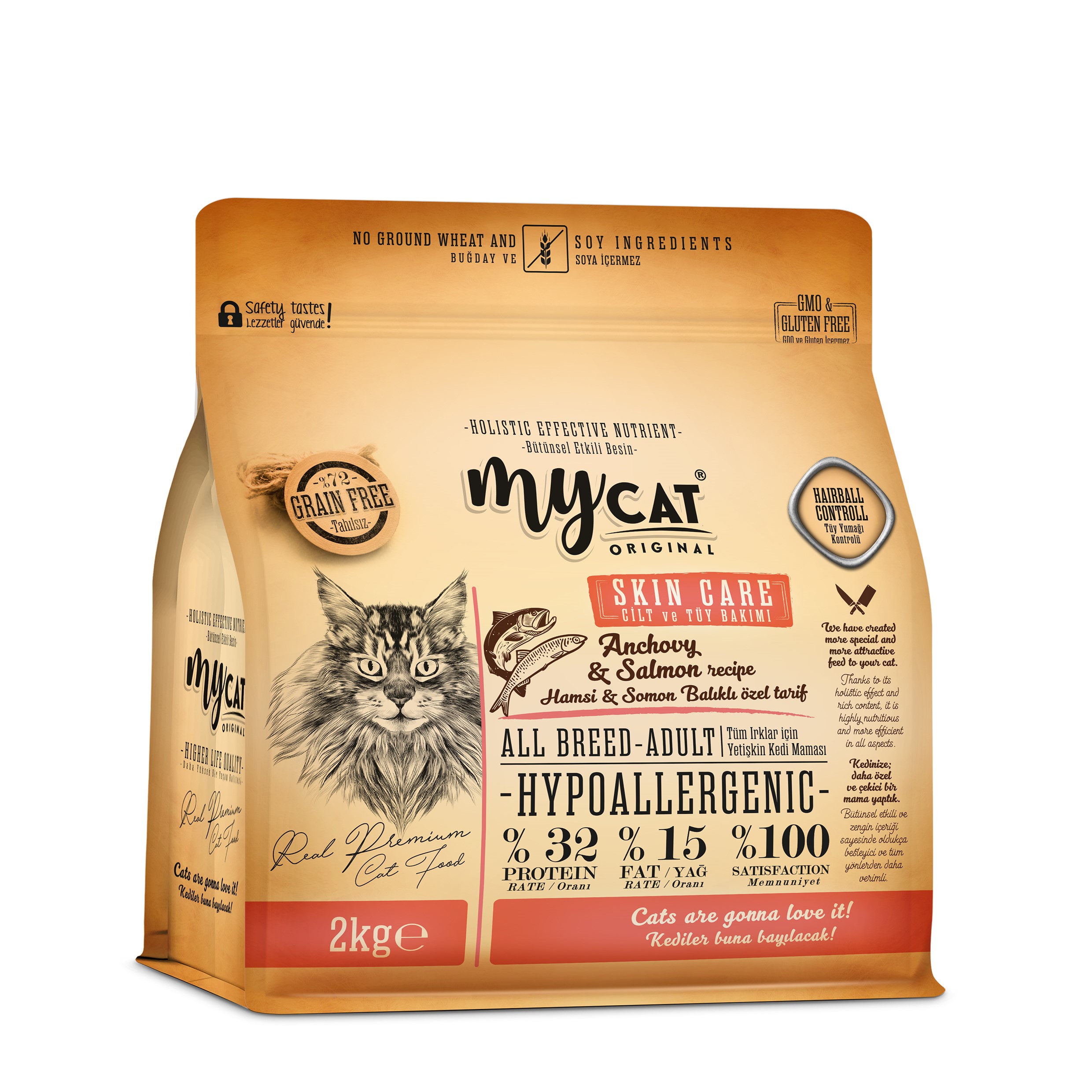MyCat Original Mycat Az Tahıllı Hamsi & Somon Balıklı Skin Care Yetişkin Kedi Maması 2kg
