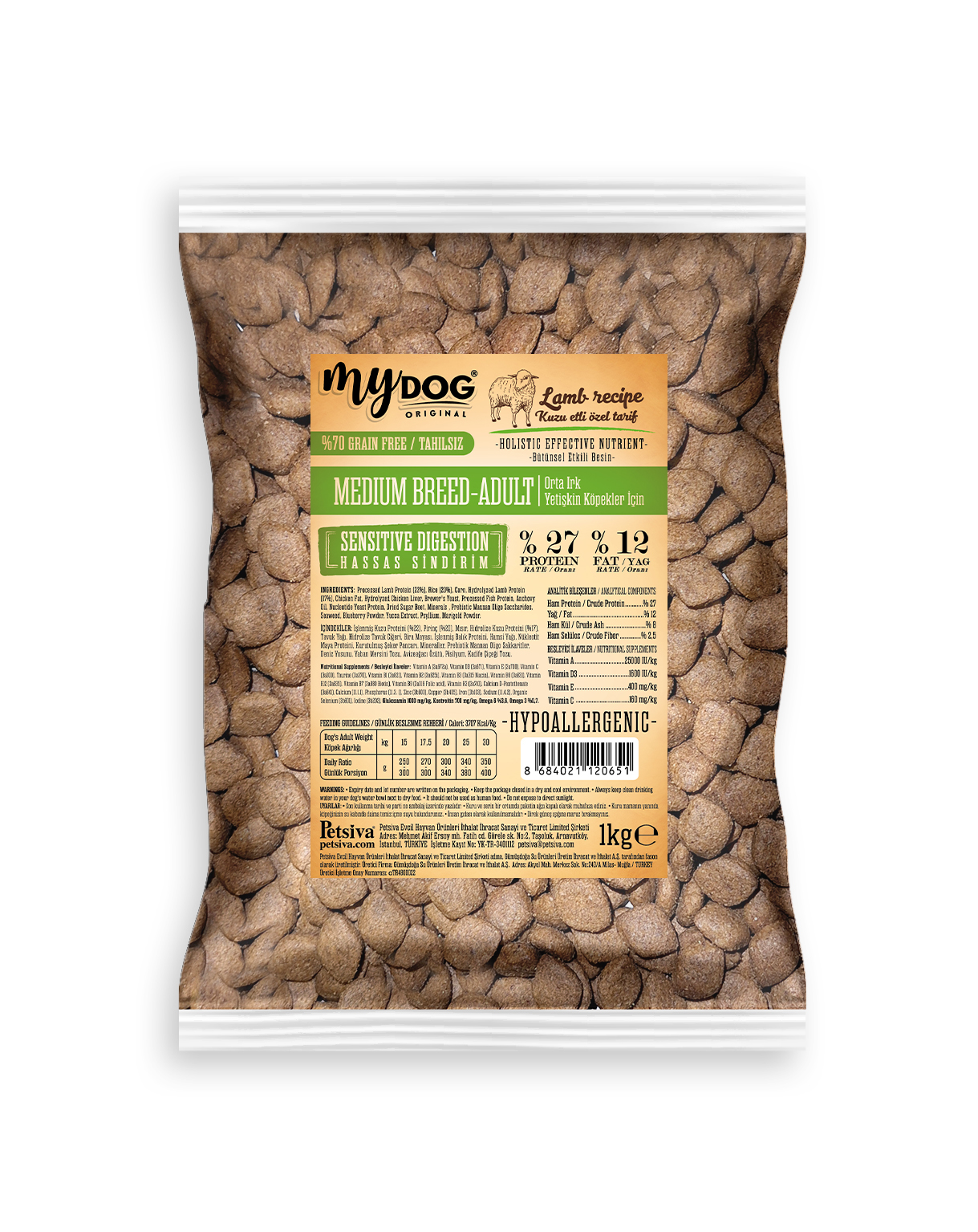 MyDog Original Mydog Az Tahıllı Kuzu Etli Küçük ve Orta Irklar İçin Köpek Maması 1kg