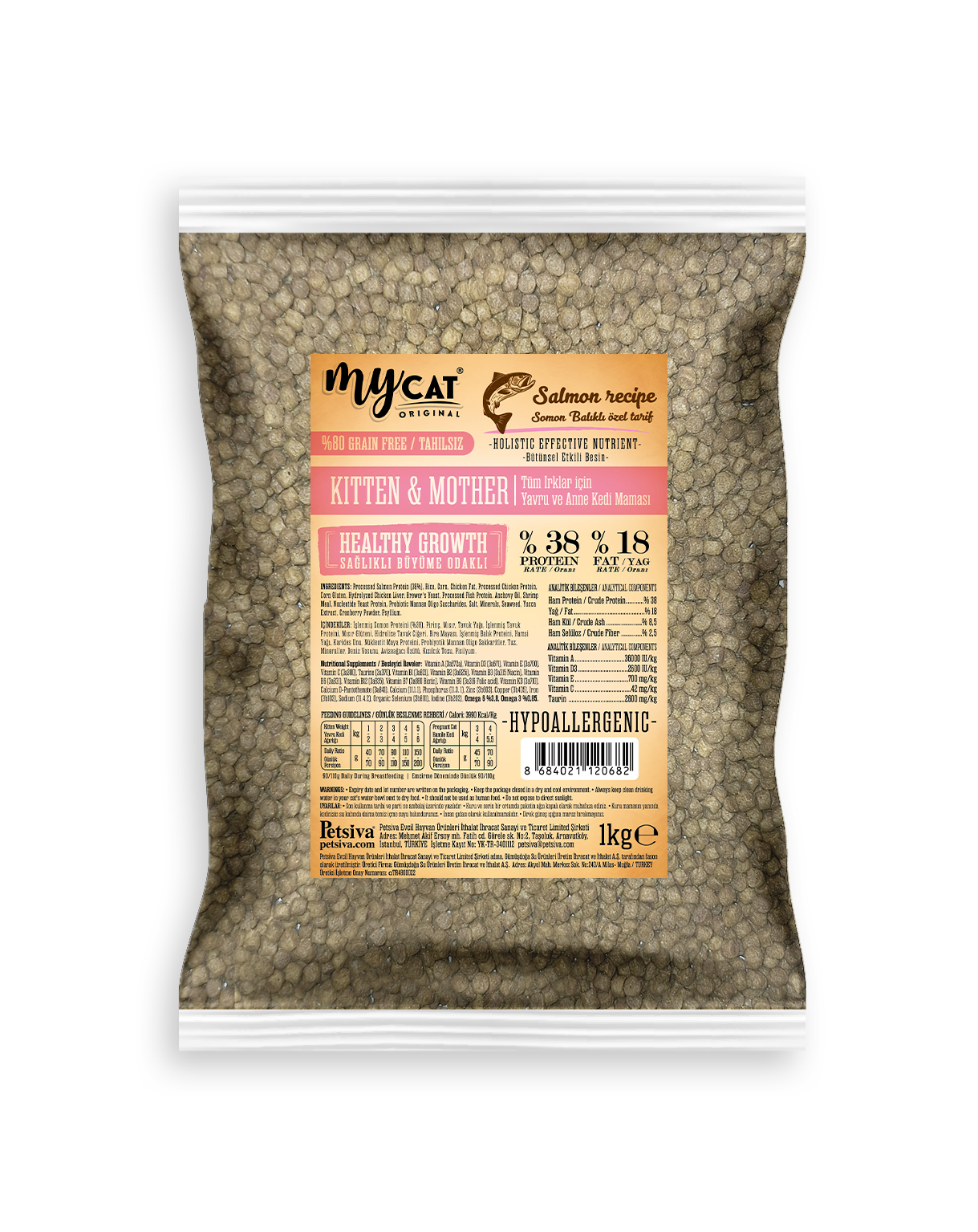 MyCat Original Mycat Az Tahıllı Somon Balıklı Yavru ve Anne Kuru Kedi Maması 1kg
